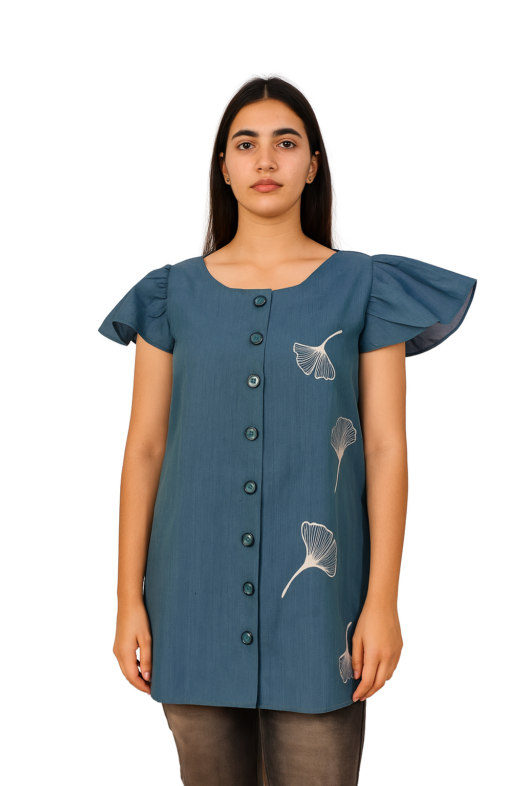 Deep Teal Blue Pochampally Cotton Top with Handpainted Design