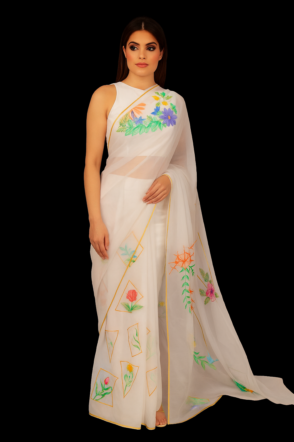 White Organza Saree with HandPainted Design