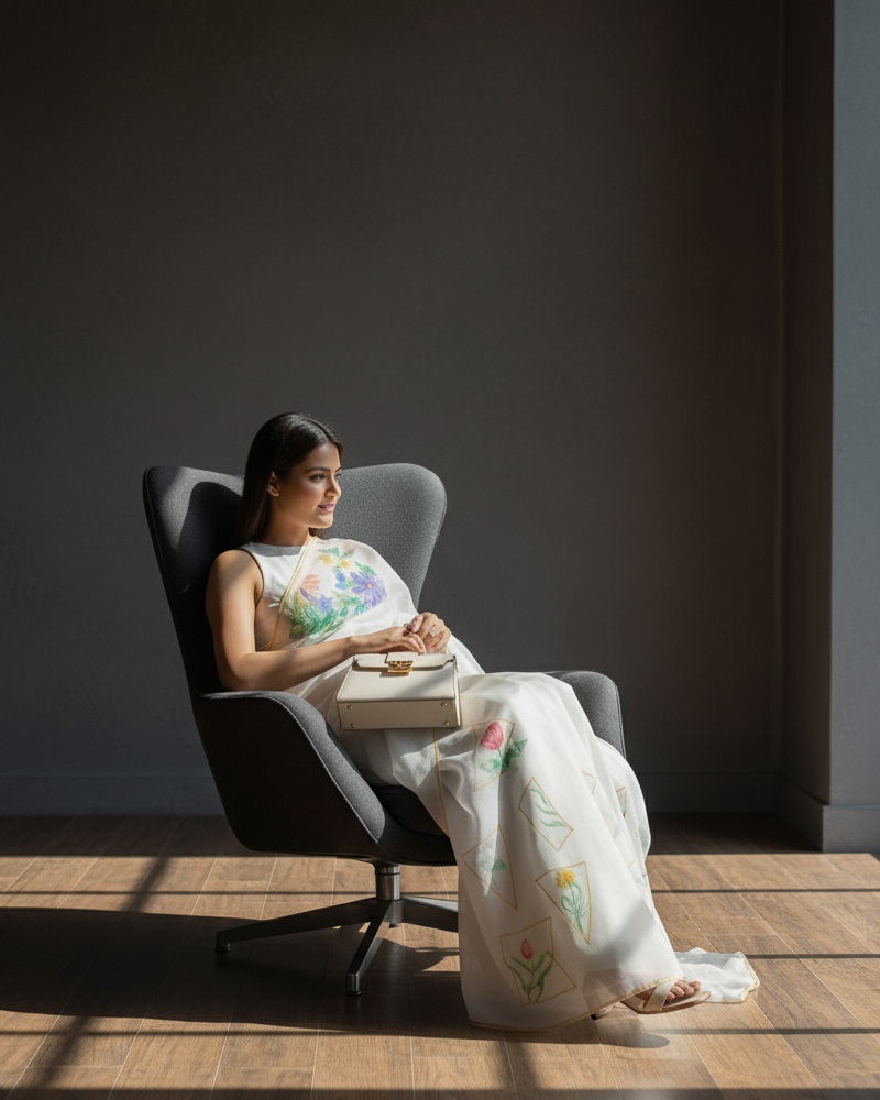 White Organza Saree with HandPainted Design